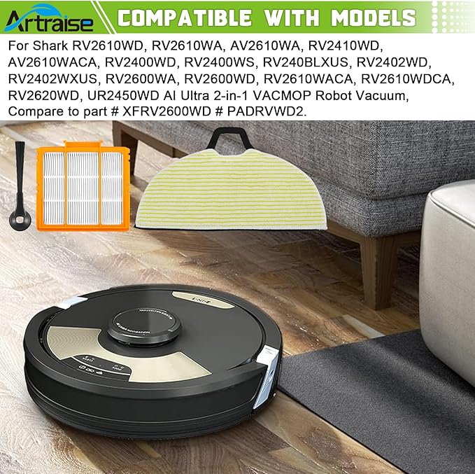RV2610WA Replacement Parts for Shark RV2610WA AV2610WA RV2620WA RV2610WD RV2410WD RV2620WD Mop Brush Filter Kit for Shark AI Ultra 2-in-1 Robot Vacuum, 4 Mop Pads, 2 HEPA Filters, 6 Side Brushes