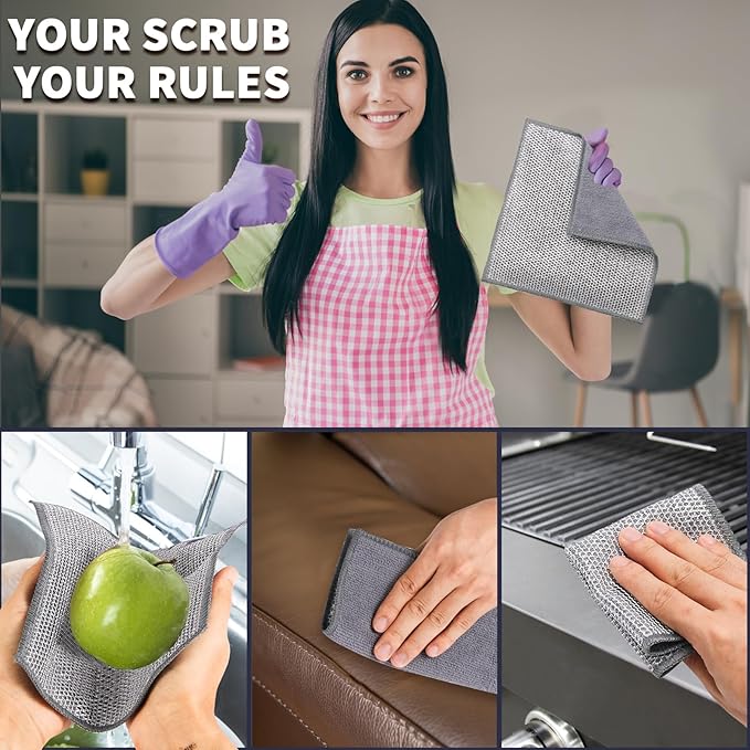 10 Pack Dual-Sided Metal Wire Dishcloth, Reusable Non-Scratch Cleaning Pads with Fabric Side for Nonstick Cookware, Pots, Pans & Kitchen Cleaning