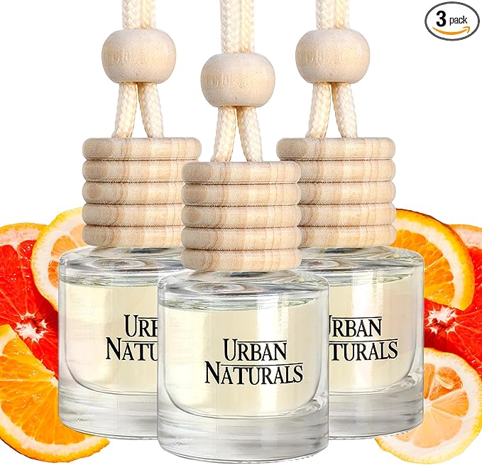 Urban Naturals Car Air Freshener Diffuser 3 Pack - Citrus Bliss Scent, 45+ Days Long Lasting Fragrance, Made in USA, Glass & Wood, Hanging Design + Vent Cip, Easy to Use
