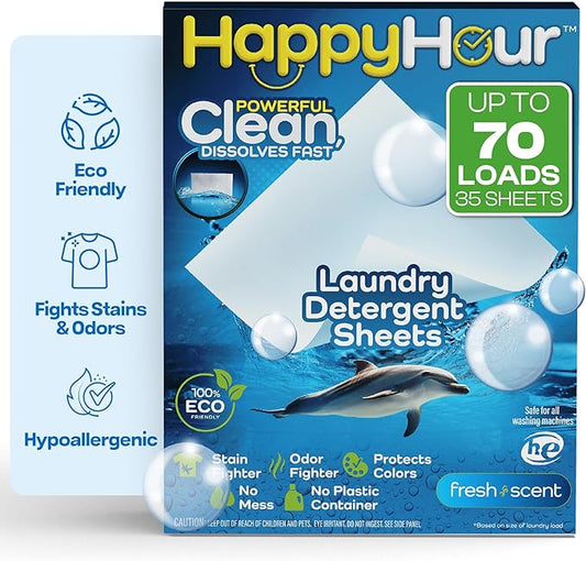 HAPPY HOUR Laundry Detergent Sheets Fresh Scent – 70 Loads, Eco Friendly, Liquidless Soap, Travel Friendly for Hot & Cold Cycles, Fights Tough Stains & Odors, Hypoallergenic for Sensitive Skin
