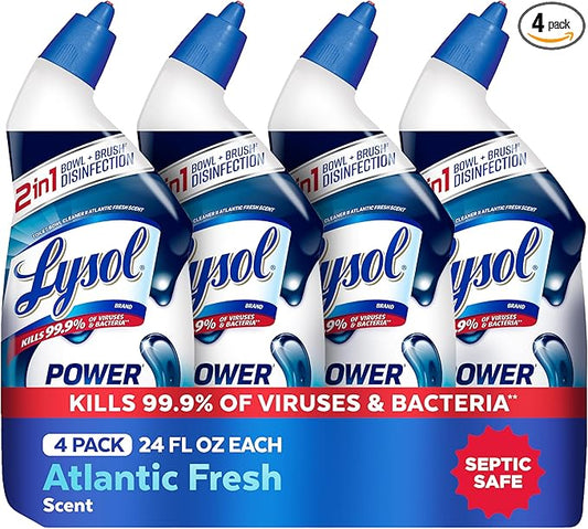 Lysol Toilet Bowl Cleaner, Max Strength Bathroom Cleaning Supplies, Toilet Bowl Cleaner Clinging Gel, Home Essential, Instant Stain Removal, Disinfecting and Deodorizing, Bleach Free, 24 oz (4ct)