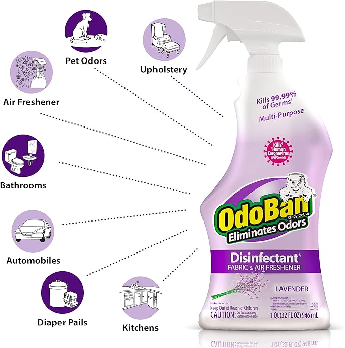 OdoBan Ready-to-Use Disinfectant and Odor Eliminator, Set of 2 Spray Bottles, 32 Ounces Each, Lavender Scent