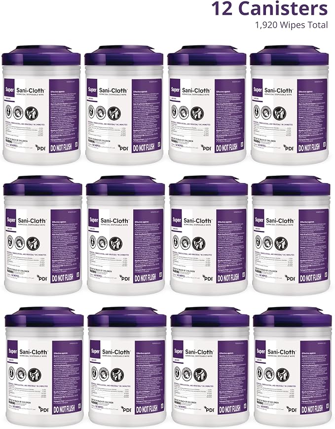 Super Sani-Cloth Germicidal Disposable Wipe, Hospital Grade Disinfection, 160 Large 6" x 6.75" Wipes Each, Case of 12 Canisters