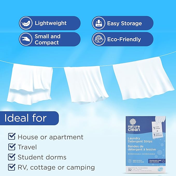 Nature Clean Plastic Free Natural Laundry Detergent Sheets Unscented 64 counts, Non-Toxic Organic Eco Friendly Hypoallergenic Biodegradable Laundry Strips Travel Laundry Soap Sheets Fragrance Free