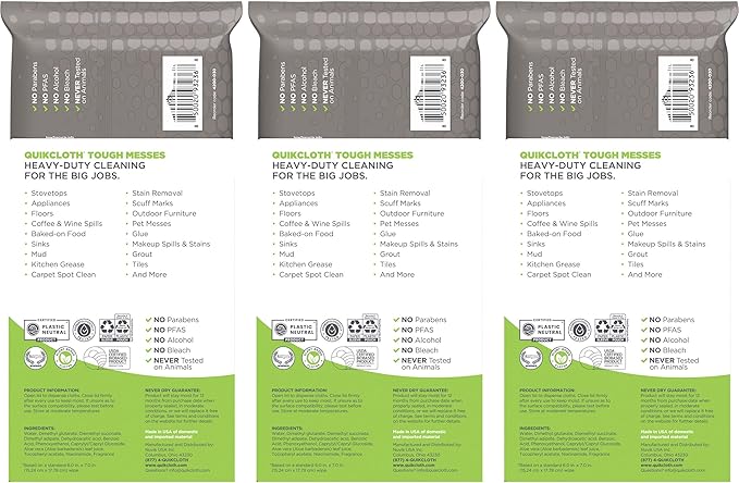 Quikcloth® Tough Messes – Plant-Based, Gentle, Plastic-Free Cleaning Wipes for Home & Kitchen - Safe on Hands and Surfaces (1 Count (3 Packs of 30))