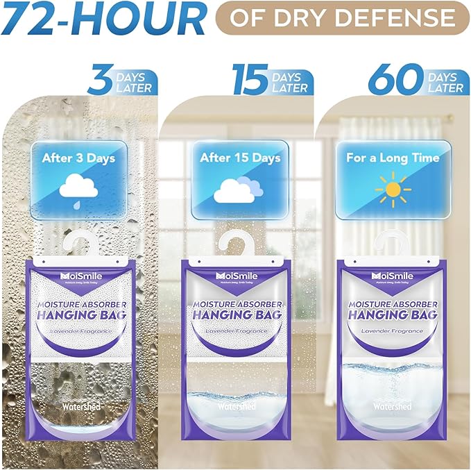 Hanging Moisture Absorbers 3 Pack Net Wt. 17.5oz/Pack, Lavender Fragrance Closet Dehumidifier Bags, Odor Eliminator & Humidity Absorber, Humidity Packs for Bathroom, Bedroom, Basement, Car, RV & Boat