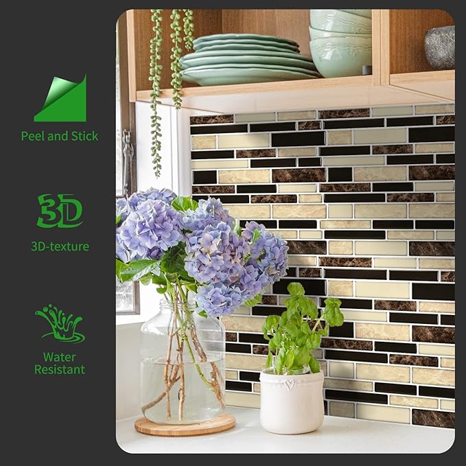 LONGKING 10-Sheet Brown Peel and Stick Backsplash Tile for Kitchen, Vinyl 3D Self-Adhesive Tile Stickers for Kitchen, Bathroom, Counter Top