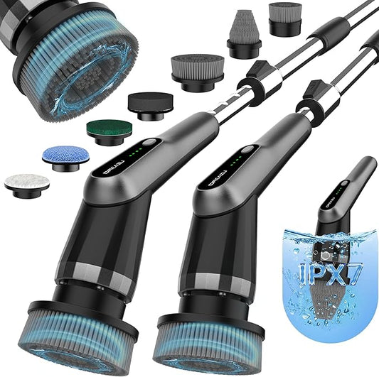 G2-Pro Electric Spin Scrubber - Upgraded 10-in-1 Scrubber Brush Electric, Retractable Handle & 2-Speed for Bathroom, Bathtub, Kitchen, Tile Floors(Gray Brush Head