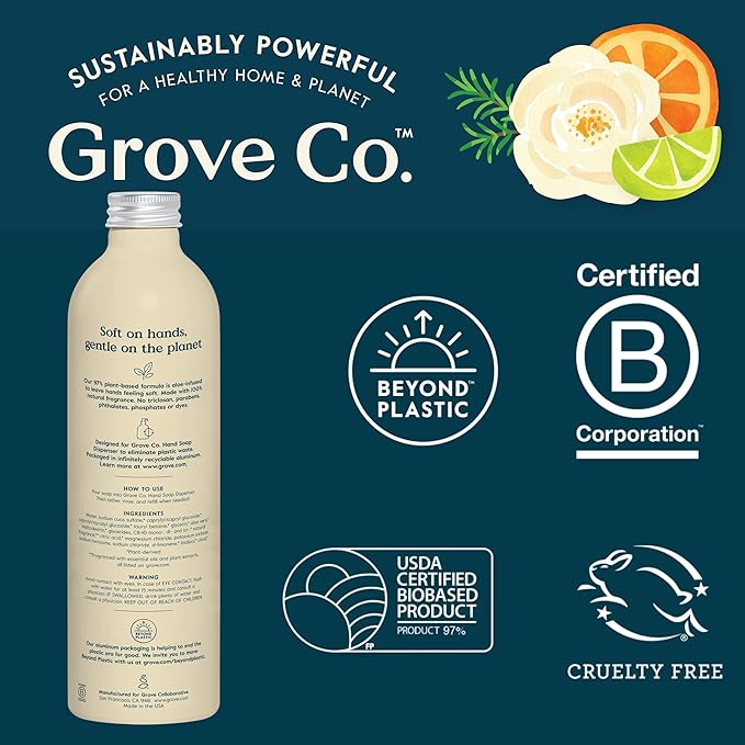Grove Co. Hydrating Gel Hand Soap Refills (2 x 13 Fl Oz) + 1 x Reusable Glass Soap Dispenser, Plastic-Free & Liquid Refillable Starter Kit, Natural Orange & Rosemary Fragrance