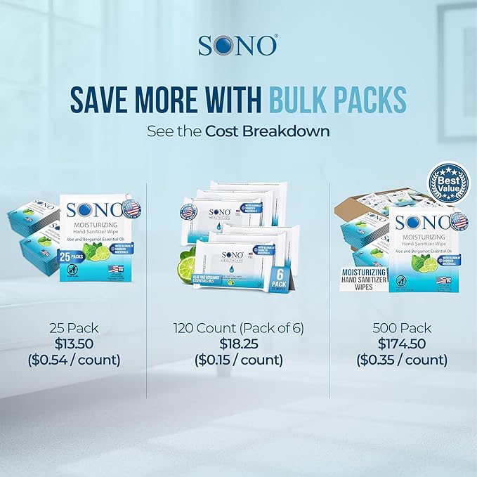 SONO Alcohol-Free Sanitizing Hand Wipes with Bergamot & Aloe Essential Oil - Hospital-Grade Disinfectant - Individually Wrapped Travel Size - 6 Packs of 20 - Gentle Cleaning & Germ Protection Anywhere