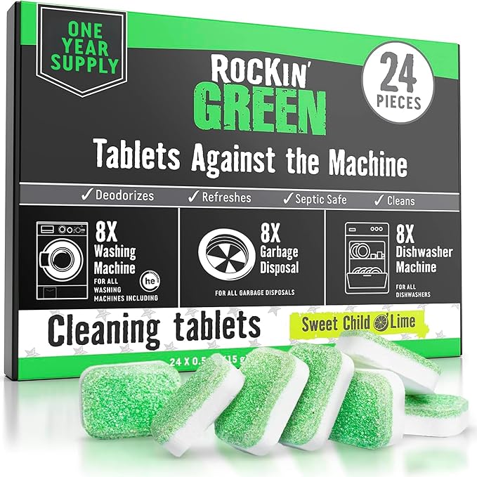 Rockin' Green Deep Cleaning and Deodorizing Tablets for Dishwashers, Washing Machines, and Garbage Disposals, Removes Odor and Residue (Multi-purpose Cleaning Tablets, 24 Pack)