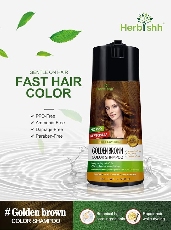 Herbishh Color Enriched Shampoo for Gray Hair Golden Brown 400 ML + Hair Color Stain Remover Wipes - Travel Pack With 5 Wipes