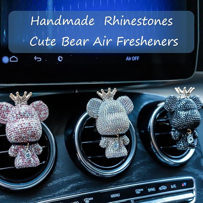 Cute Car Accessories, Bling Crystal Bear Car Air Freshener With Vent Clip,Rhinestone Aesthetic Car Decor Interior Decoration (BLUE)