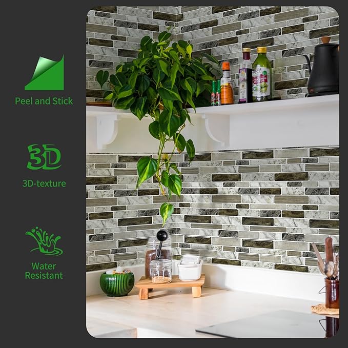 LONGKING Self-Adhesive Kitchen Backsplash, Marble Look Decorative Tiles (10 Tiles) (Multi)