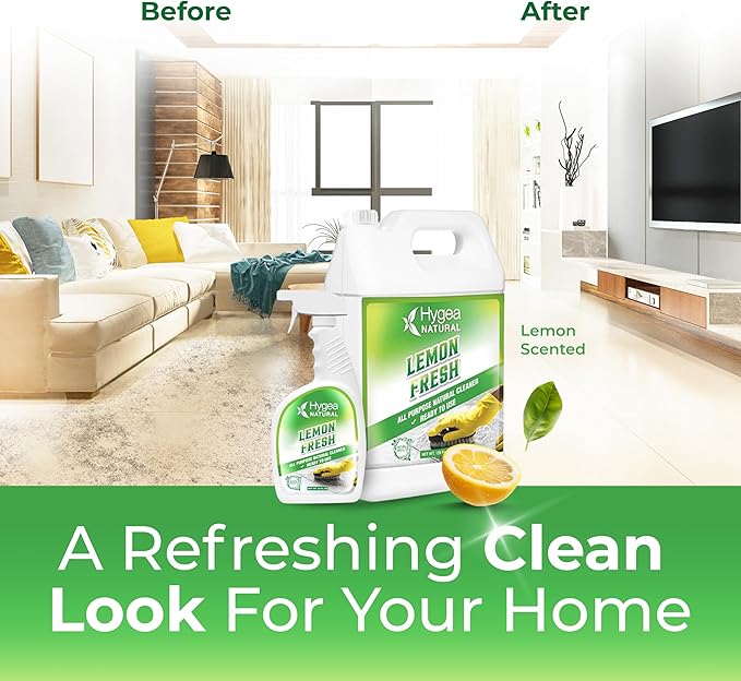 Hygea Natural Lemon Fresh All Purpose Cleaner - Multi-Surface Cleaner - Removes Soil, Dirt & Grease - Wet Gloss Finish - pH-Neutral & Ammonia Free (24oz Spray & 128oz Gallon)