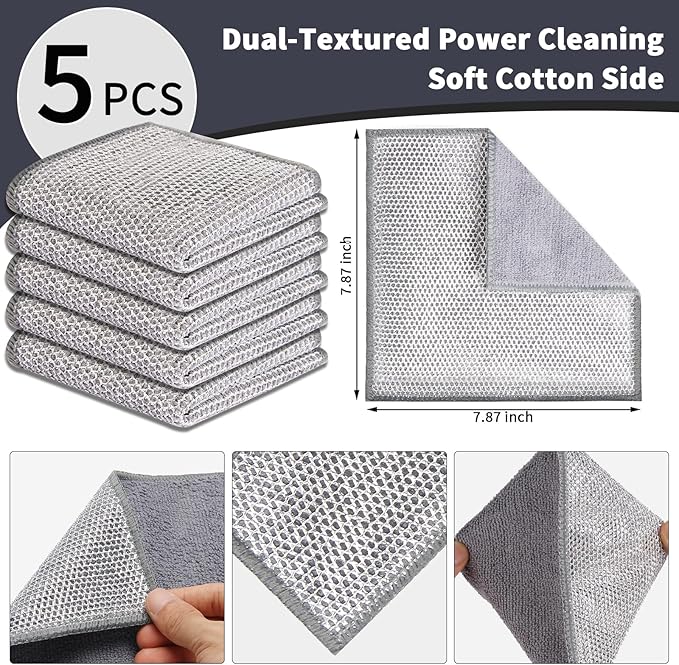 5 Pack Dual-Sided Metal Wire Dishcloth, Reusable Non-Scratch Cleaning Pads with Fabric Side for Nonstick Cookware, Pots, Pans & Kitchen Cleaning