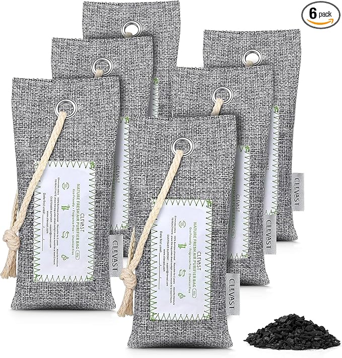 CLEVAST Activated Bamboo Charcoal Odor Absorber - 6 x 60g Air Purifying Bags Natural Fresh, Deodorizer and Moisture Eliminator for Home, Closet, Shoes, Car Air freshener Grey