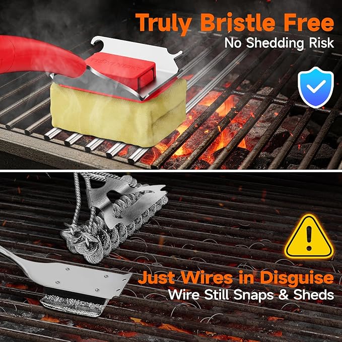 Bristle Free Grill Brush with Scraper for Outdoor Grill Cleaning, Safe Steam BBQ Grill Cleaner, Replaceable Head, Grilling Accessories for Cast Iron, Stainless Steel, Porcelain, Ceramic Grates - Red