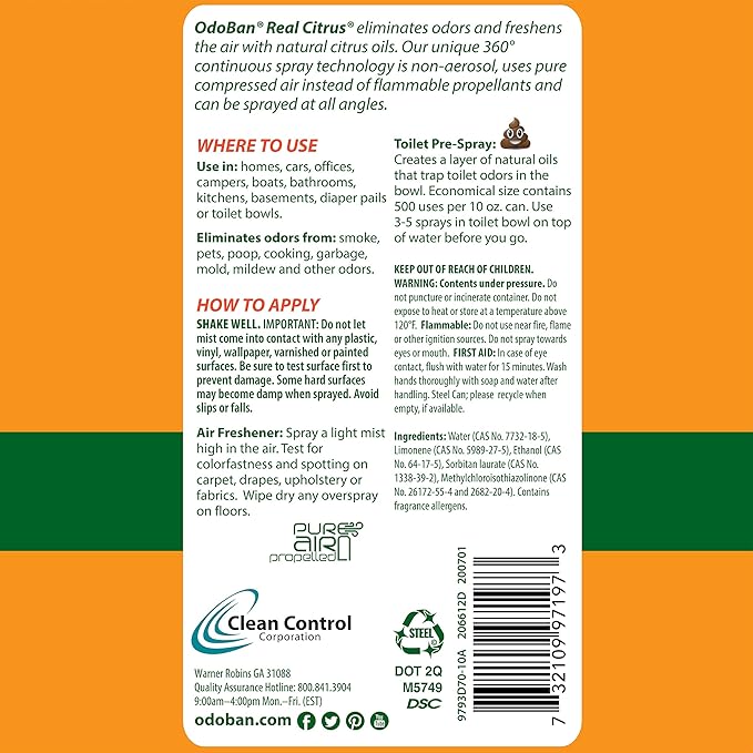 OdoBan Aroma Eliminator, 360-Degree Continuous Spray Natural Oil Real Citrus Air Freshener, Toilet Spray, 3-Pack, 10 Ounces Each, Orange Scent