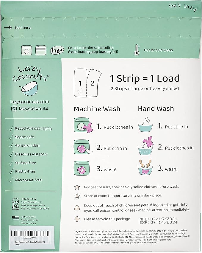 LAZY COCONUTS Laundry Detergent Sheets - Sulfate-free, Gentle - For Sensitive Skin, Baby, Hand Wash - Eco Friendly, Natural, Hypoallergenic, Sulfate Free, Fragrance Free, Unscented Laundry Soap