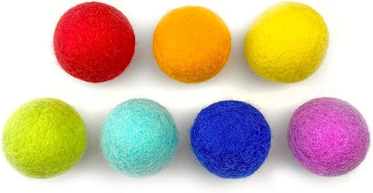 Rainbow Large Felt Balls | Montessori Wool Pom Poms for Baby, Crafts, Cats, Essential Oils, Felting & Garland | 7 ROYGBIV Colors | 4 CM (1.75-2") Jumbo Size | Muslin Storage Bag
