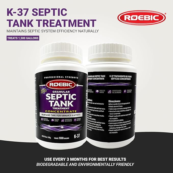 Roebic K-37 Granular Septic Tank Treatment, Bacterial Enzyme Formula for Clog Prevention, Odor Control, Safe for Bathroom, Toilet, Treats 1500 Gallons, 12 oz Concentrate Bottle