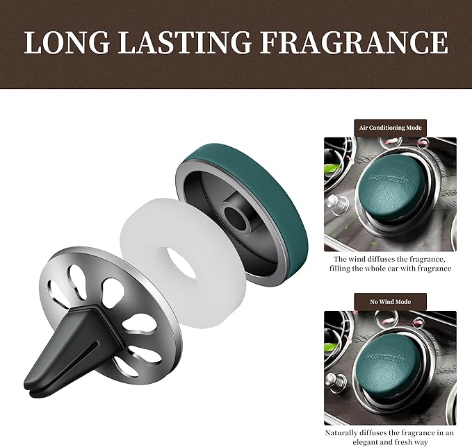 Car Air Freshener Vent Clip Fragrance Long Lasting Auto Odor Eliminator - Made with Natural Plant Extracts - Green Leather Diffuser with 2 Pieces Mistral Scent Refills