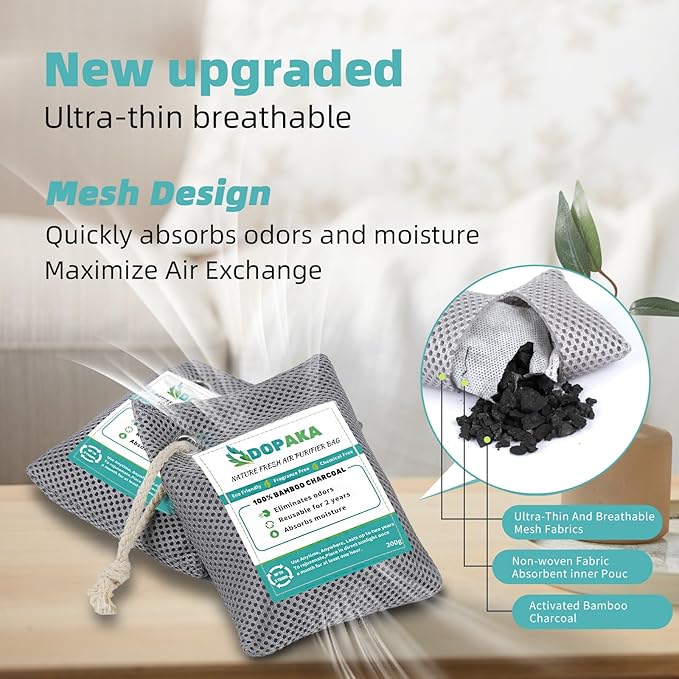 Nature Fresh Air Purifier Bags, Activated Charcoal Air Purifying Bag,Moisture Absorber,odor eliminator,Natural Car Air Freshener,Shoe Deodorizer,Odor Eliminators For Home, Pet, Closet (200g*4)