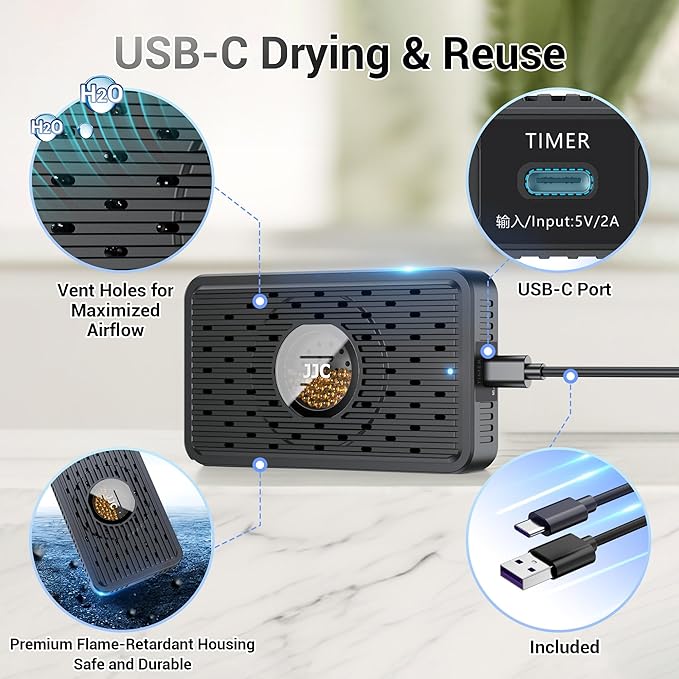 2Pack Auto Power-off Rechargeable Desiccant Dehumidifier with USB-C Cable,Portable Moisture Absorber Dryer Silica Gel Packet for Gun Safe Camera Lens Filter Electronics 3d Printer Filaments Instrument
