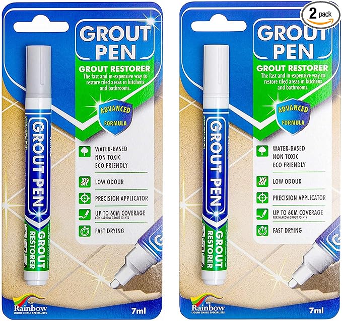 Grout Pen Tile Paint Marker: Waterproof Grout Colorant and Sealer Pen to Renew, Repair, and Refresh Tile Grout - Cleaner Coating Stain Pens - 2 Pack, 5mm Narrow Light Grey and 5mm Narrow White Tip