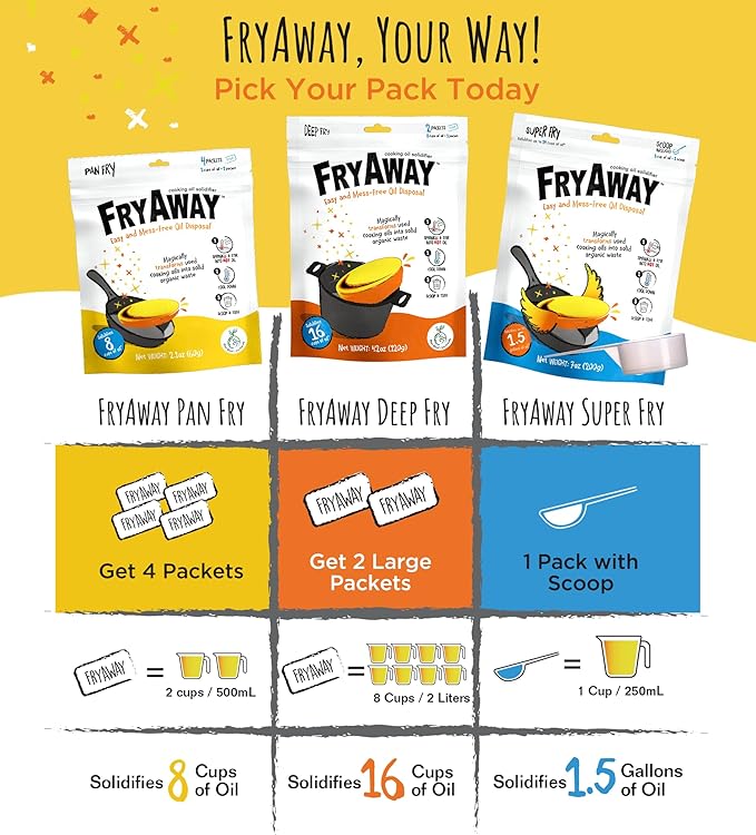 FryAway® Pan Fry Cooking Oil Solidifier Powder, 4 Packets, Solidifies Up to 8 Cups, Plant-Based Grease Solidifier for Easy Fryer Oil Disposal, Kitchen Grease Cleanup, As Seen on Shark Tank, Made in US