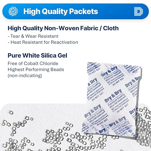Dry & Dry 50 Gram [5 Packets] Silica Gel Packets Desiccants, Silica Packets - Rechargeable Moisture Absorbers for Food Storage, Electronics, 3D Filament & Safes