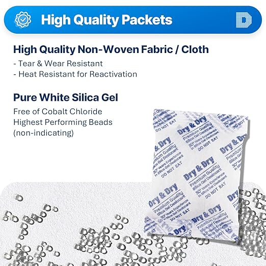 Dry & Dry 50 Gram [10 Packets] Silica Gel Packets Desiccants, Silica Packets - Rechargeable Moisture Absorbers for Food Storage, Electronics, 3D Filament & Safes