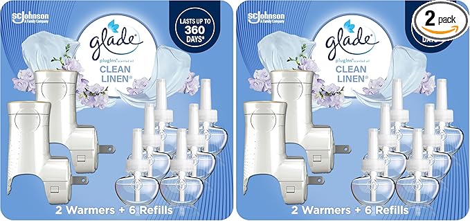 Glade PlugIns Air Freshener Starter Kit,Scented and Essential Oils for Home and Bathroom,Clean Linen,4.02 Fl Oz,2 Warmers-and 6 Refills,(Pack of 2)