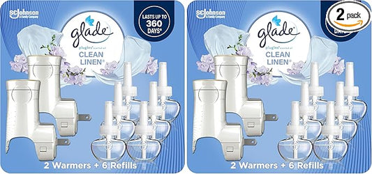 Glade PlugIns Air Freshener Starter Kit,Scented and Essential Oils for Home and Bathroom,Clean Linen,4.02 Fl Oz,2 Warmers-and 6 Refills,(Pack of 2)