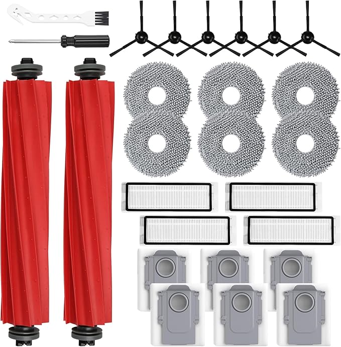 26 Pack Replacement Accessories for Roborock Q Revo【Not for Qrevo S/Pro/Plus/MaxV】Robot Vacuum Cleaner, 2 Main Brush 6 Side Brush 4 HEPA Filter 6 Mop Pads 6 Dust Bags 1 Cleaning Brush 1 Screwdriver