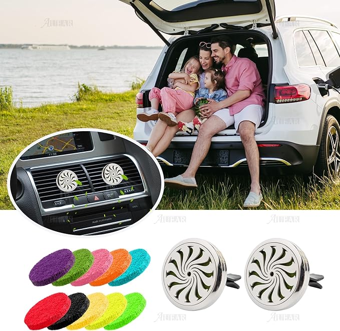 AUEAR, Car Diffuser Vent Clips Aromatherapy Essential Oil 30mm Stainless Steel Air Fresheners Lockets with 10 Felt Refill Pads for Women Men (Style F)