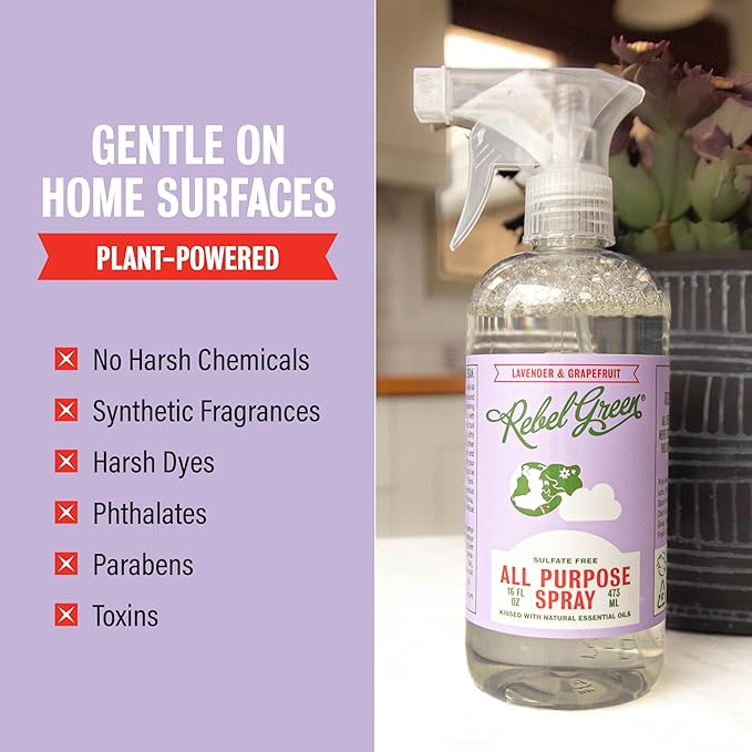 Rebel Green Natural All-Purpose Cleaning Spray - Derived Multi-Surface Cleaner with Essential Oils for Kitchen, Bath, Countertops and More - Lavender & Grapefruit Scent - 16 oz - 1 Pack