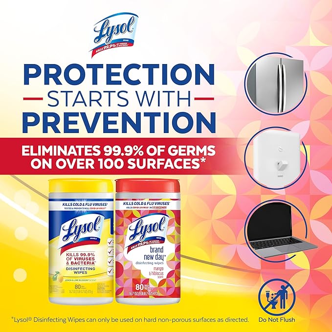 Lysol Disinfectant Wipes, Multi-Surface Antibacterial Wipes for Disinfecting and Cleaning, Mixed Fragrance pack containing Lemon & Lime Blossom (2 Packs) and Mango and Hibiscus (1 Pack)