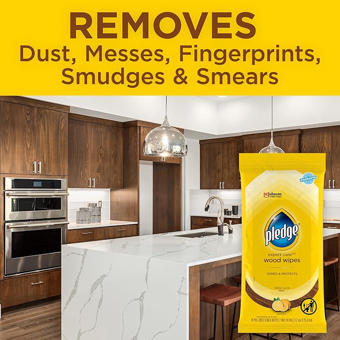 Pledge Expert Care Enhancing Wood Wipes, Lemon Scent (Pack of 6, 144 Total Count), Yellow