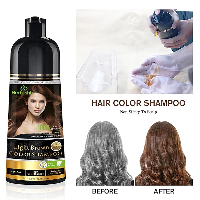 Herbishh Gray Hair Color Shampoo - Light Brown 500ML with Travel Pack Stain Remover Wipes