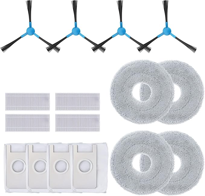Robot Vacuum Replacement Kit, Replacement Accessories Kit for Robotic Vacuum Cleaner with 4 Side Brushes, 4 HEPA Filters, 4 Dust Bags, 4 Mop Pads, for V5, V5 PRO