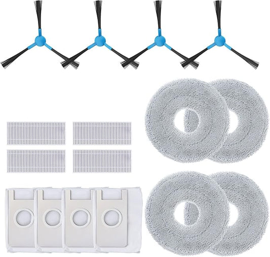 Robot Vacuum Replacement Kit, Replacement Accessories Kit for Robotic Vacuum Cleaner with 4 Side Brushes, 4 HEPA Filters, 4 Dust Bags, 4 Mop Pads, for V5, V5 PRO