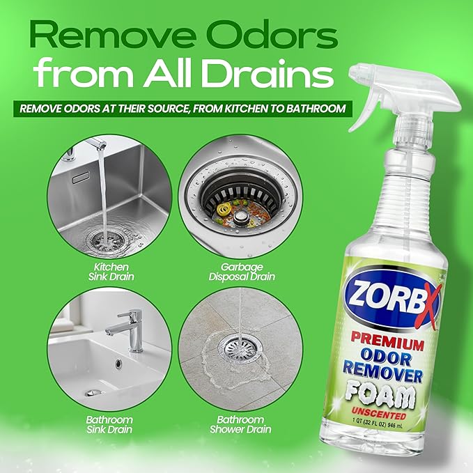 ZORBX Premium Unscented Odor Remover Foam 32 oz – Extra Strength, Fragrance-Free Odor Eliminator Foamer for Pets, Drains, Garbage Disposal, Carpets, Bathroom & Kitchen