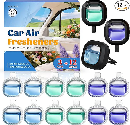 SCENTORINI Car Air Freshener Vent Clips, 3 Vent Clips &12 Refills, New Car, Lavender, Sea Breeze Scent, Auto Fresheners for Men Women, Long Lasting Automotive Air Fresheners for Car Odor Eliminator
