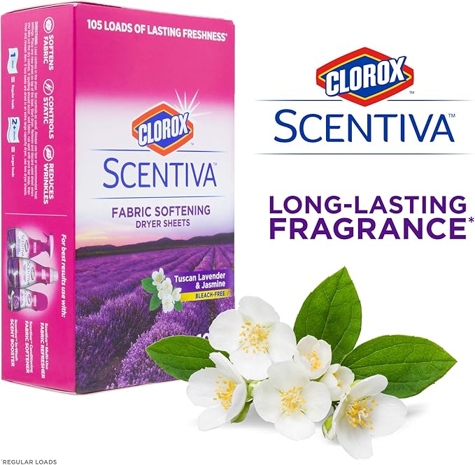 Clorox Scentiva Fabric Softener Dryer Sheets, Tuscan Lavender & Jasmine Scent - Wrinkle Reducing Scented Softening Laundry Dryer Sheets for Great Smelling Clothes, 105 Count