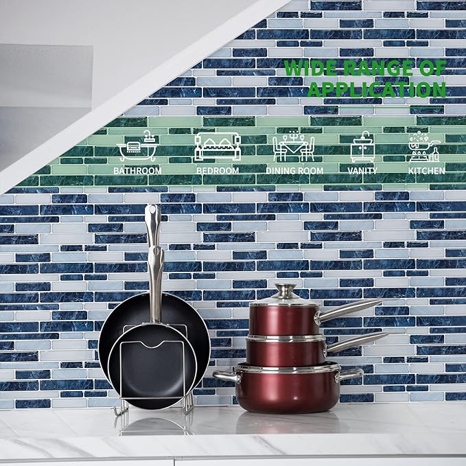 LONGKING Self-Adhesive Kitchen Backsplash, Marble Look Decorative Tiles (10 Tiles) (Dark Blue)