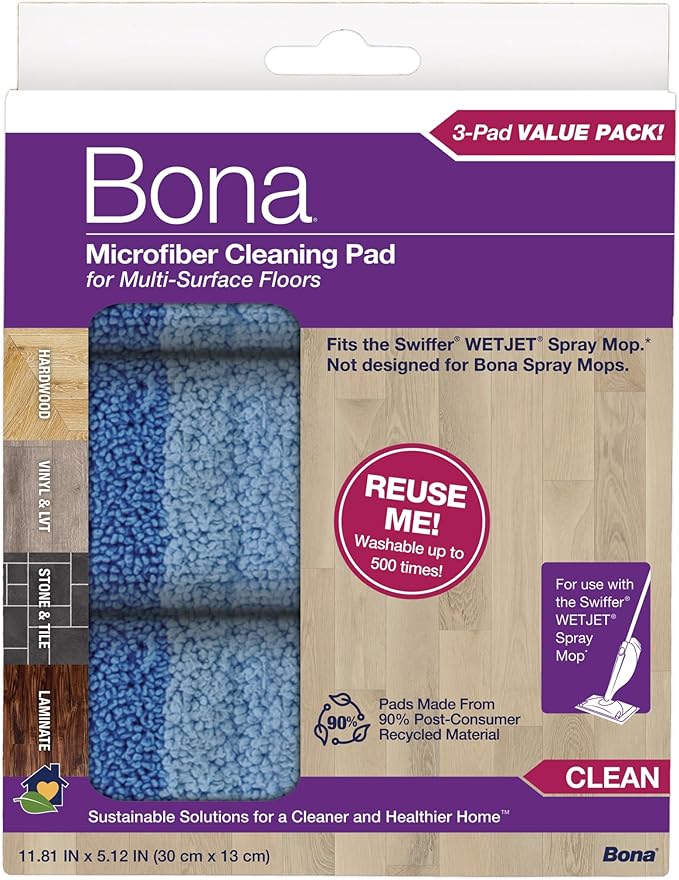 Bona® Microfiber Cleaning Pads for use with Swiffer® WETJET® Spray Mop, 3 Pack, Washable & Reusable up to 500 Times