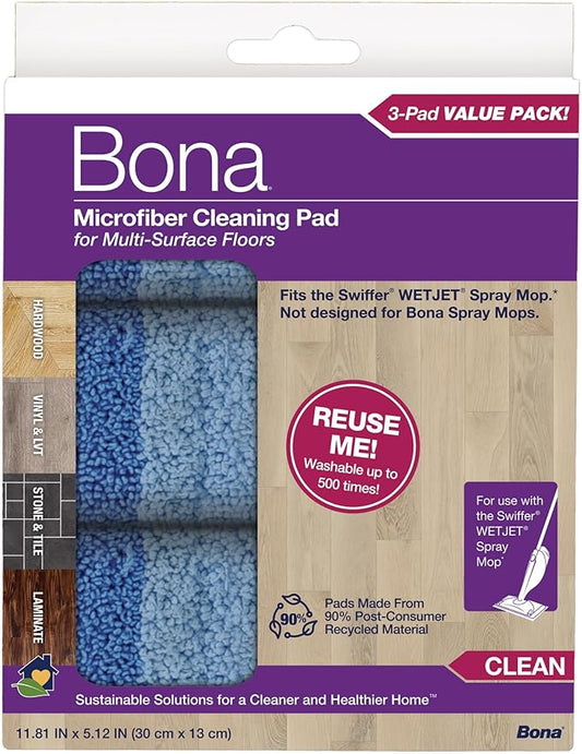 Bona® Microfiber Cleaning Pads for use with Swiffer® WETJET® Spray Mop, 3 Pack, Washable & Reusable up to 500 Times