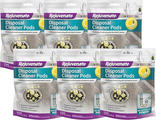 Rejuvenate Disposal Cleaner, 6 Pods, Lemon Scented Disposal And Pipe Cleaner Pods With Bio-Enzymatic Formula Help Break Down Leftover Food Waste And Remove Odors For A Clean, Fresh Disposal, 6 Pack